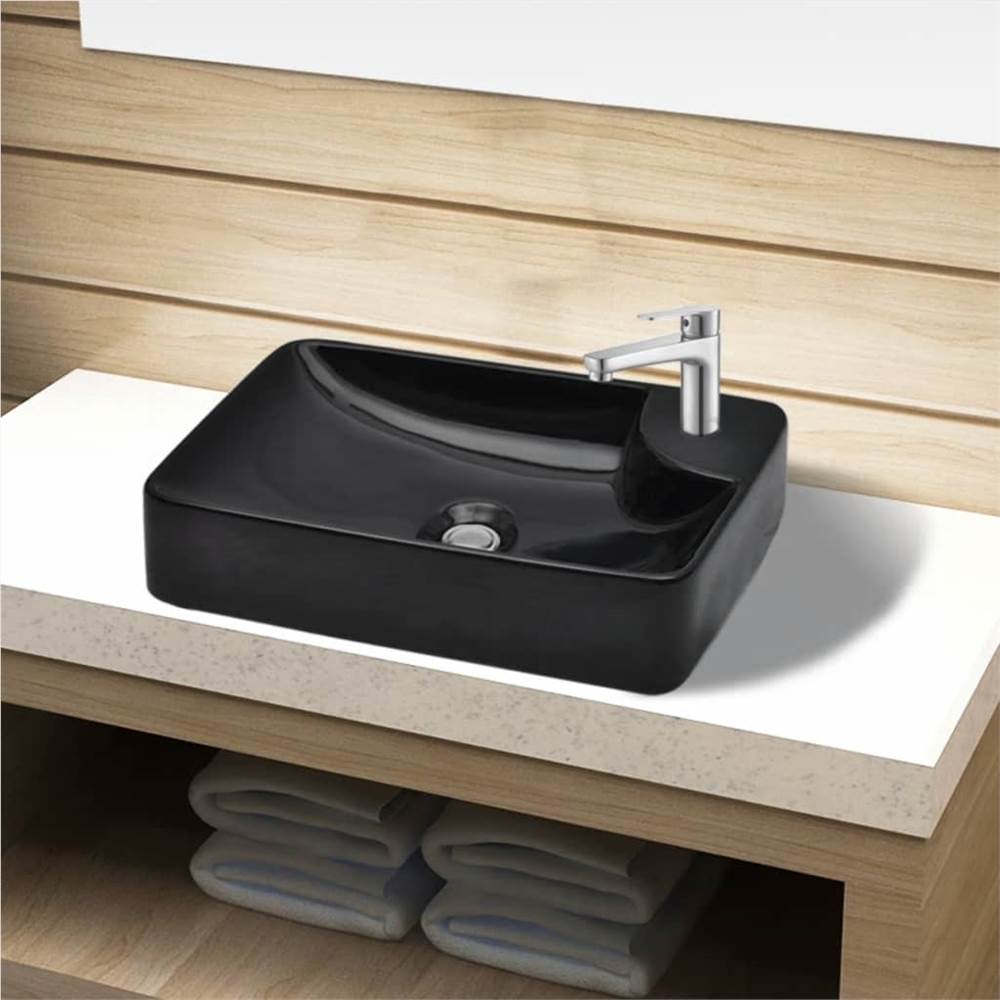 Chiuvetă de baie din ceramică cu orificiu negru pentru robinet