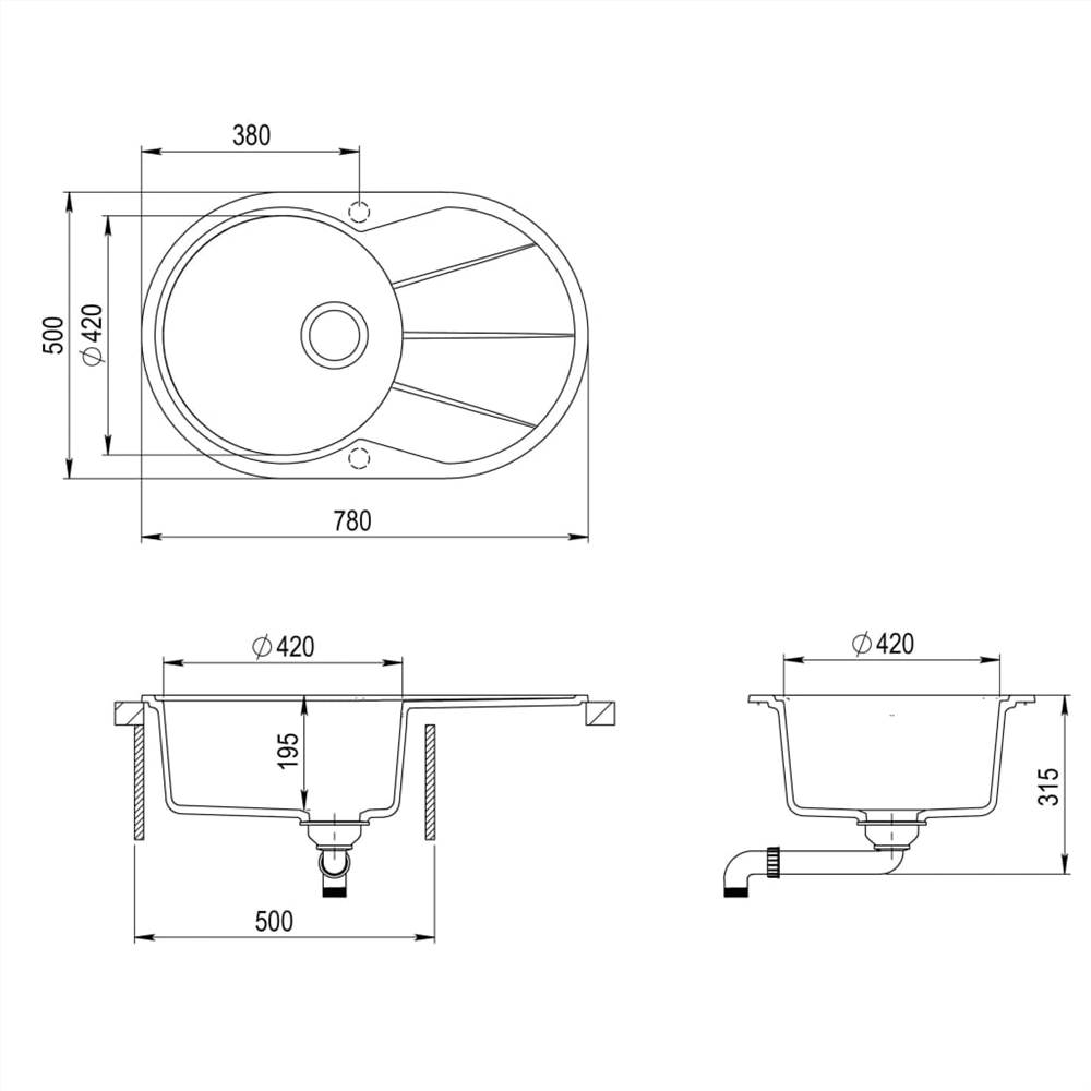 Fregadero de cocina de granito de un solo lavabo ovalado beige