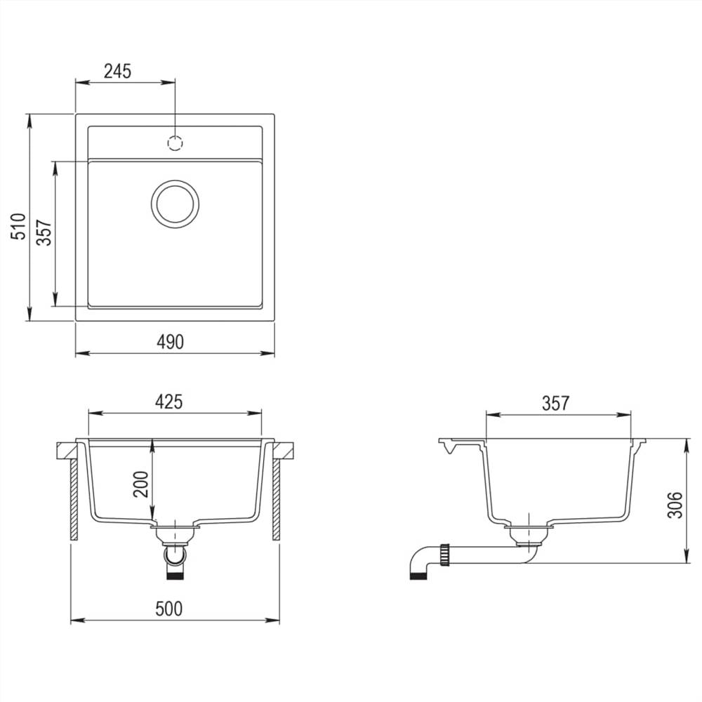 Fregadero de cocina de granito de un solo lavabo negro