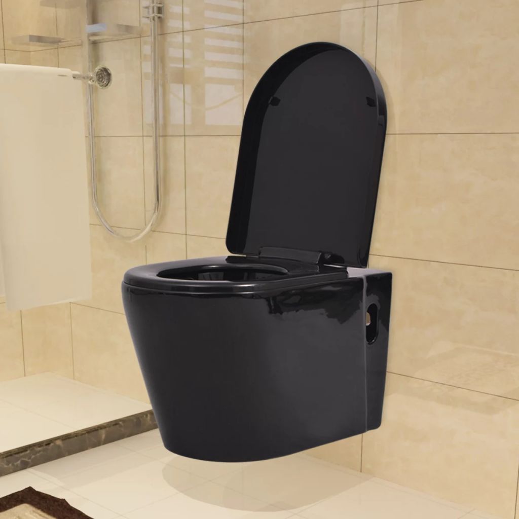 Vägghängd svart keramisk toalett